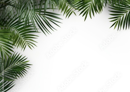 Group of green leaf frame on white. Summer palm leaves on White background, AI Generative.