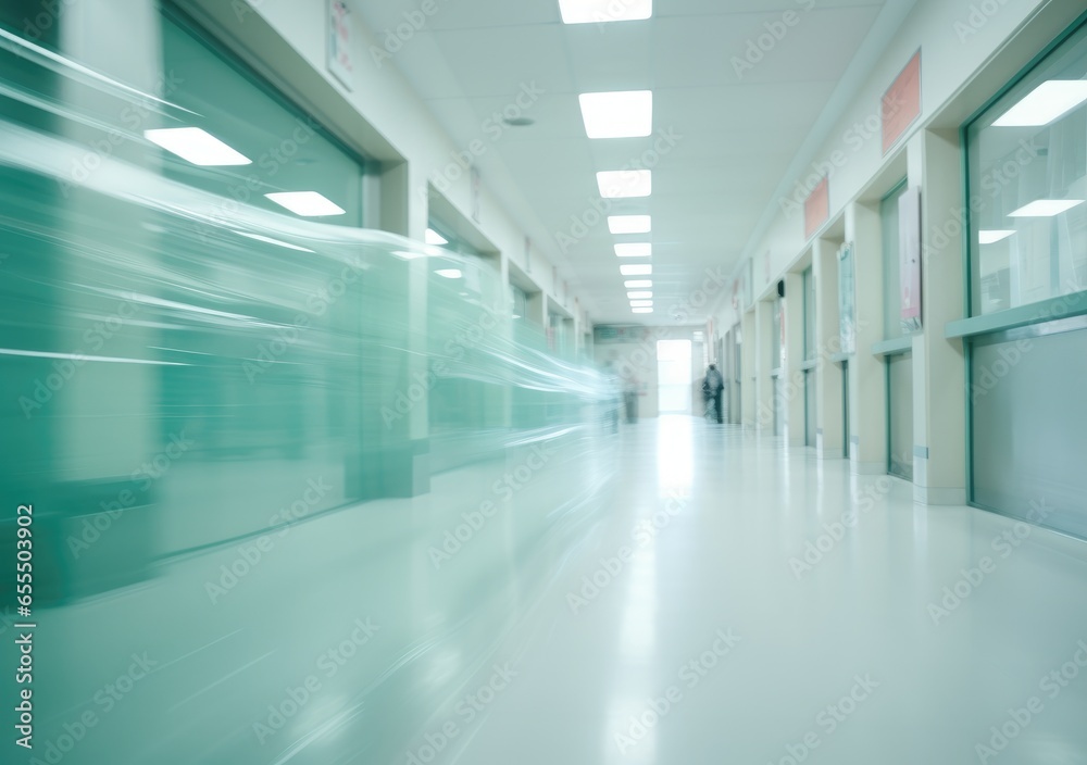 Deep hospital corridor, detail of a white corridor in a hospital, architecture and health. Long corridor with medical bed in modern hospital. AI Generative.