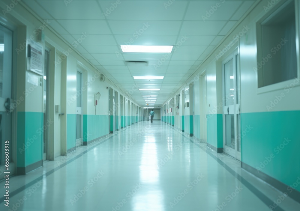 Deep hospital corridor, detail of a white corridor in a hospital, architecture and health. Long corridor with medical bed in modern hospital. AI Generative.