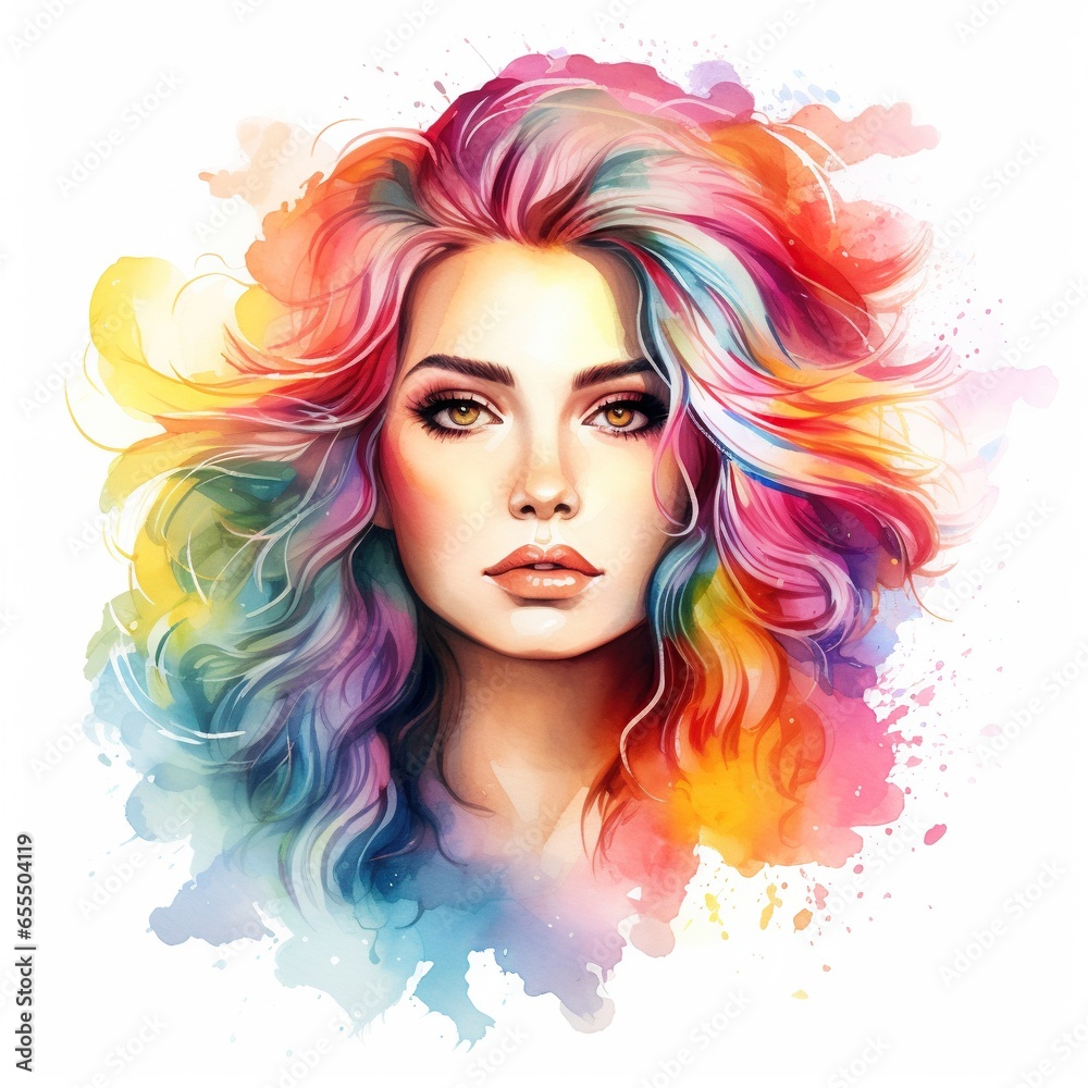 Colorful watercolor abstract woman portrait. Non-existent fictional character