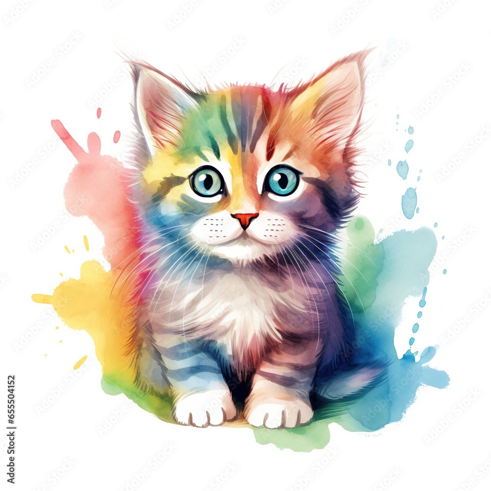 Cute kitten. Watercolor illustration of little cat. Clip art on white background