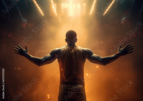 Rear view of a basketball player with his arms in the air in a gymnasium. Victorious basketball player raising his arms up. Ai generative.