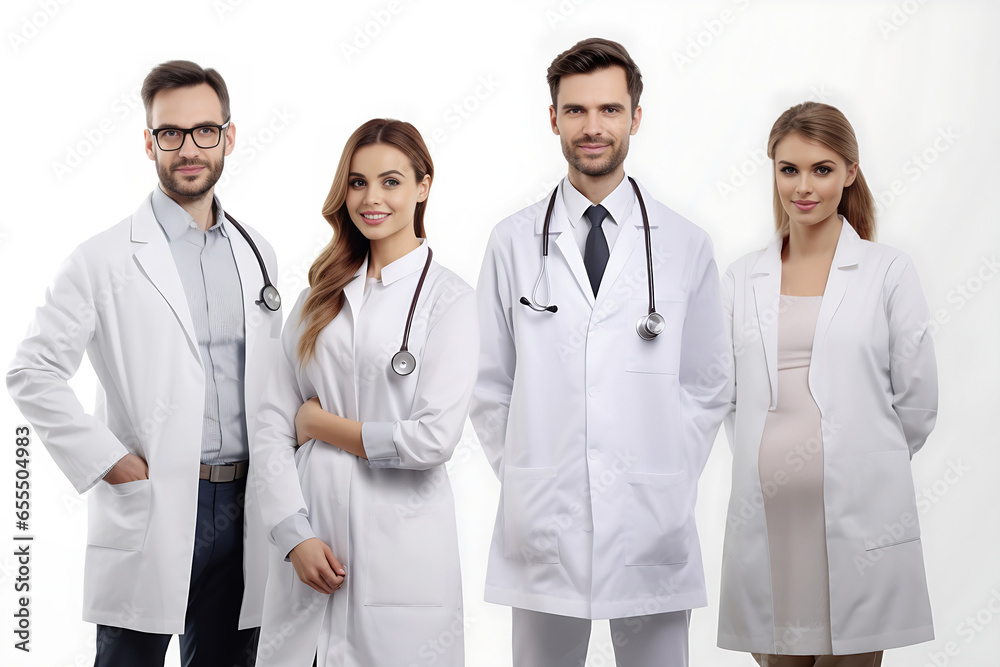 Fototapeta premium Smiling female and men doctor standing with medical colleagues in a hosp. Healthcare people group. Medical technology research institute and doctor staff service concept. Generative AI.