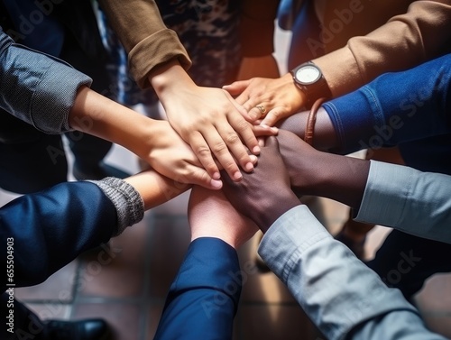 Diverse business people group put hands together in stack pile at training as concept of sales team corporate unity connection  teambuilding loyalty  support in teamwork  coaching