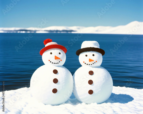 Portrait of two snowmen in the snow in December  smiling  dressed in scarf  hat  and tree branche