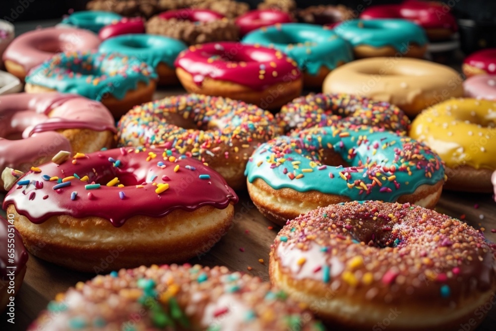 Delicious donuts of multicolored sweet doughnuts with sprinkle