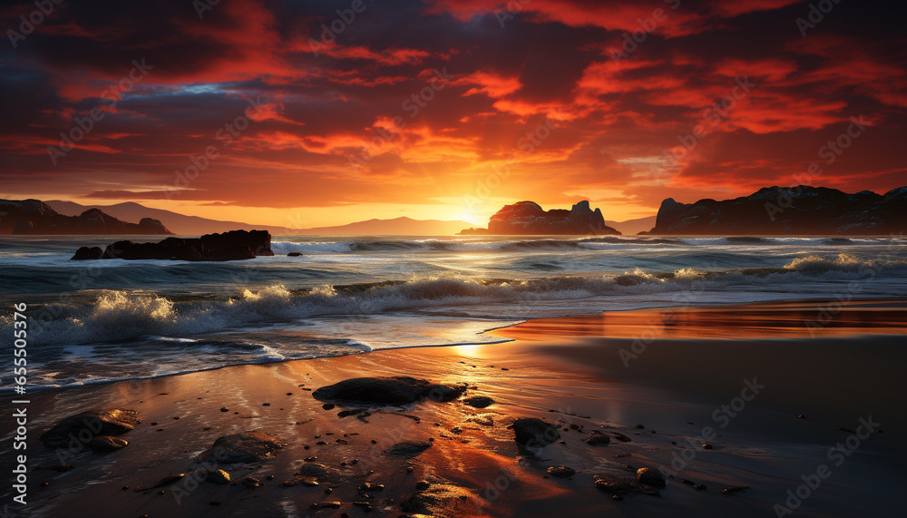 Tranquil scene  sunset paints nature beauty on coastline, reflecting on water generated by AI