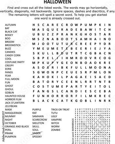 Halloween word search puzzle. Answer included.
