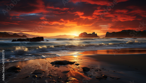 Tranquil scene sunset paints nature beauty on coastline, reflecting on water generated by AI