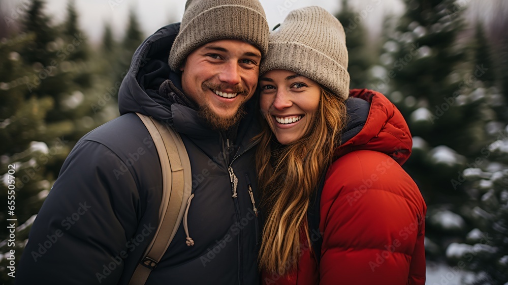 Festive Selfie: Happy Couple Capturing Holiday Moments at Christmas Tree Farm