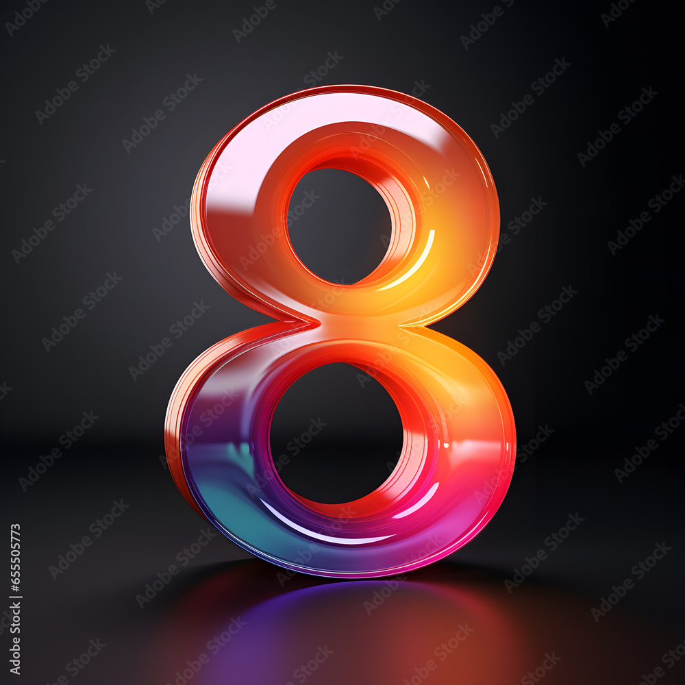 3d glossy abstract colourful holographic number 8 isolated on black background, 3d render