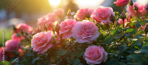 Pink rose flower in the garden of flowers and sunlight with bokeh,Generative AI