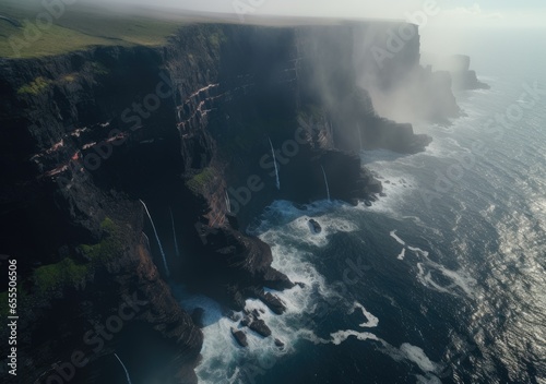 Aerial view of rocky coastline. Waves hitting in rocks. Birds eye view of the sea, cinimatic sea and moutain view. AI Generative. © peacehunter