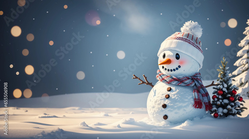 A magical mixed-media snowman in a winter Christmas scene, perfect for banner design with empty space © Anisgott