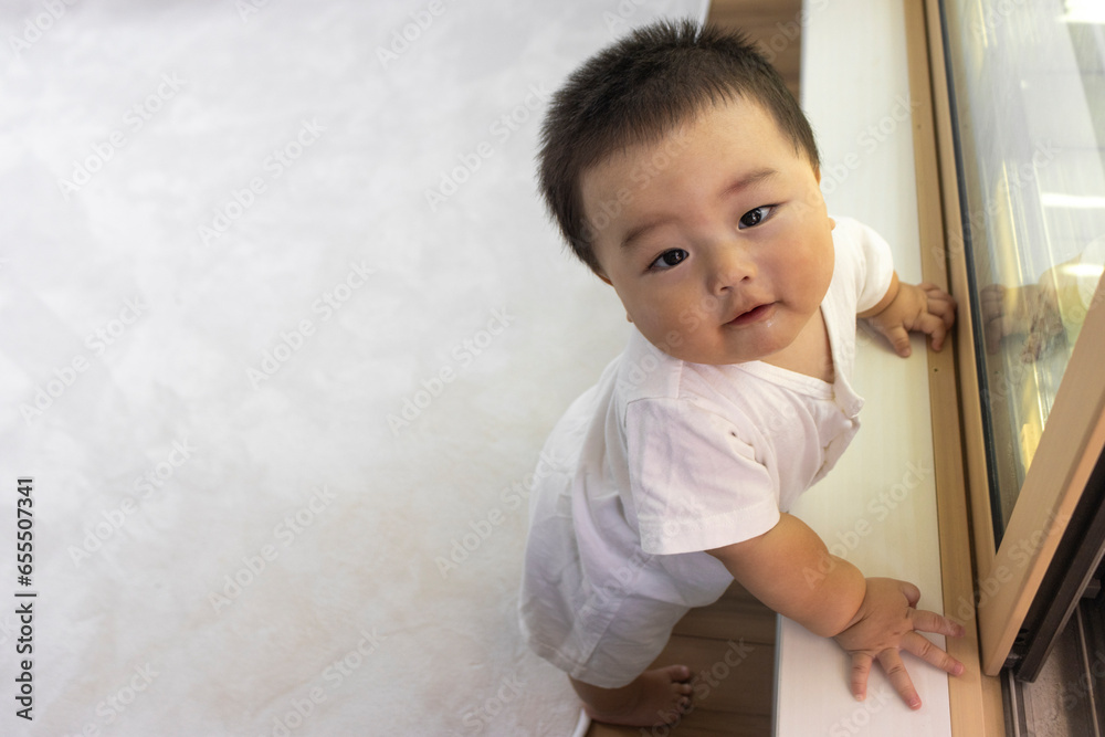 窓際でつかまり立ちするカメラ目線の赤ちゃん(男の子、生後9カ月、1歳、日本人)