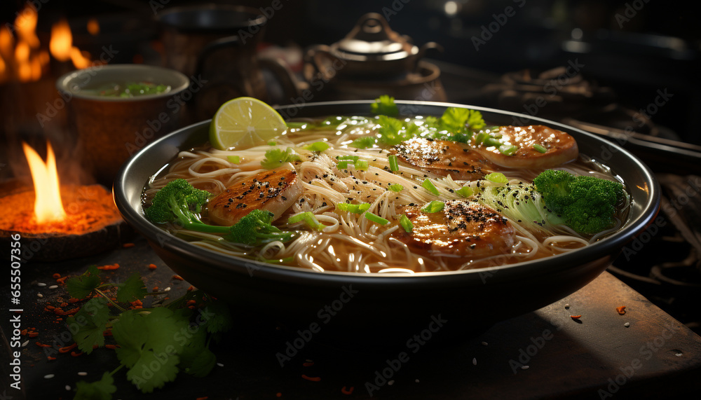A delicious meal of soup, vegetables, and meat in a bowl generated by AI A delicious meal of soup, vegetables, and meat in a bowl generated by AI