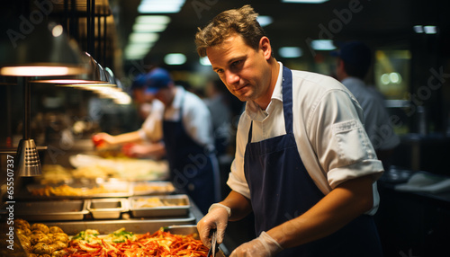 A smiling chef, confident and expert, preparing food in a commercial kitchen generated by AI