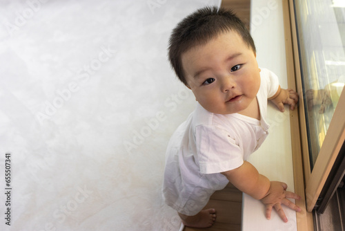 Obraz na płótnie 窓際でつかまり立ちするカメラ目線の赤ちゃん(男の子、生後9カ月、1歳、日本人) w salonie