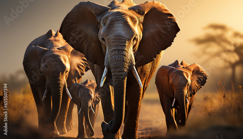 Elephants roam Africa savannah, a majestic wildlife reserve in motion generated by AI © Gstudio