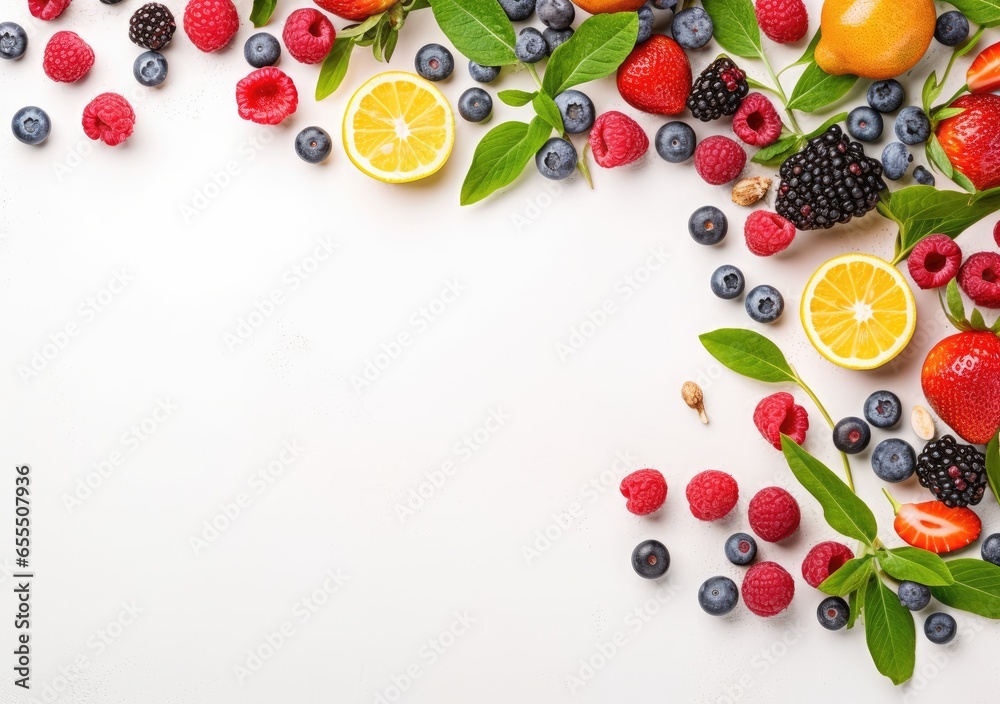 Frame of fresh berries on white background. copy space of berry frame. AI Generative. Frame of fresh berries on white background. copy space of berry frame. AI Generative.