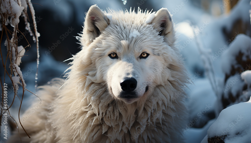 Cute Samoyed puppy sitting in snowy forest, looking at camera generated by AI Cute Samoyed puppy sitting in snowy forest, looking at camera generated by AI