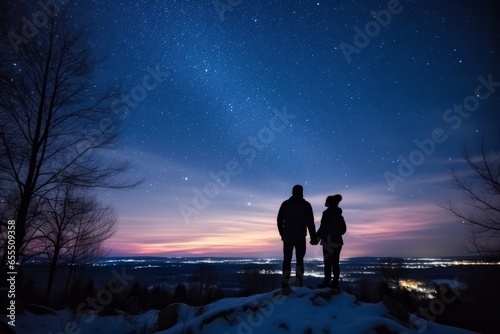 Two hikers in silhouette standing on a hill looking at the bright starry evening sky. Lovely evening night sky landscape image. Generative AI. 