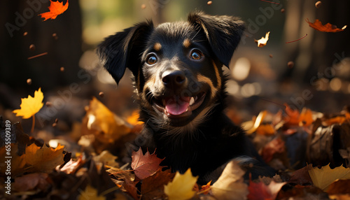 Cute puppy playing in autumn forest, a furry and cheerful friend generated by AI