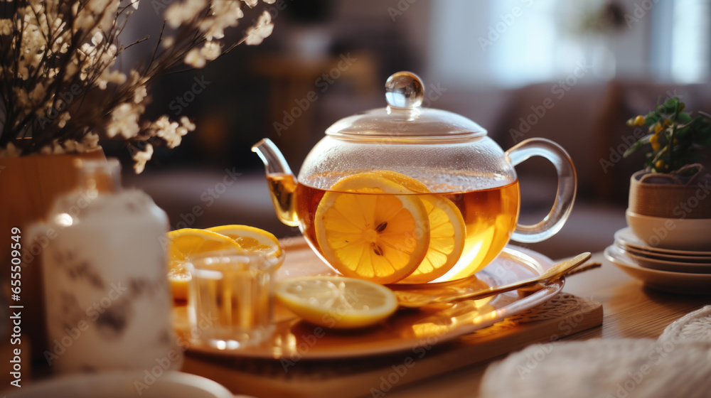 Fototapeta premium tea with lemons in a glass pot