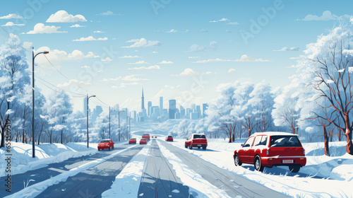 Cars drive on a frozen road in winter with a lot of snow