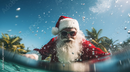 Santa Claus is bathing and enjoying tropical lagoon water with white sand beach and coconut trees © Ai Wanderer - AIW