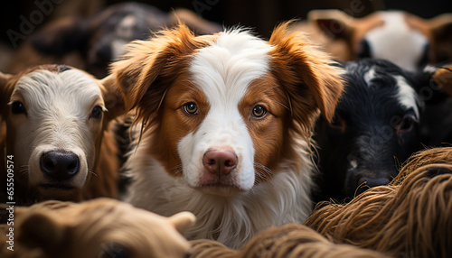 Cute puppy sitting in a row  looking at camera  playful generated by AI