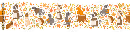 Seamless horizontal pattern with cute racoons, hares, hedgehogs, autumn leaves, branches isolated on white background. Vector illustration for print, wrapping paper, banner, card, wallpaper