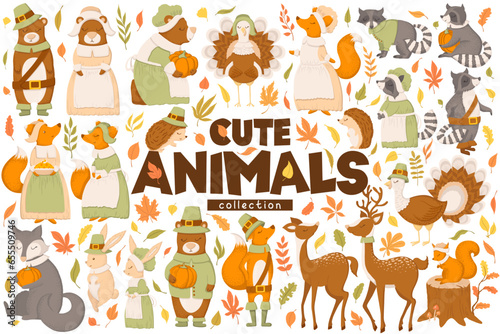 Cute autumn animals vector collection. Bears, foxes, turkeys, racoons, rabbits, hedgehogs, deers, leaves and branches isolated on white background. Illustration for card, print, poster