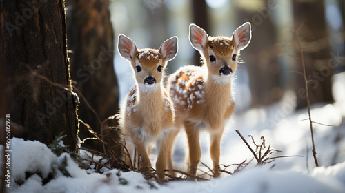 Two Adorable Fawn Deer in The Wintery Wilderness. Generative AI.