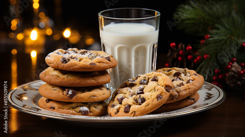 Chocolate Chip Cookies and Milk on a Small Plate Waiting for Santa Clause Amist the Decorations on Christmas Eve. Generative AI photo