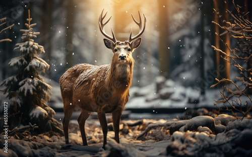 A Majestic Horned Fallow Deer Buck in the Wintery Wilderness. Generative AI.