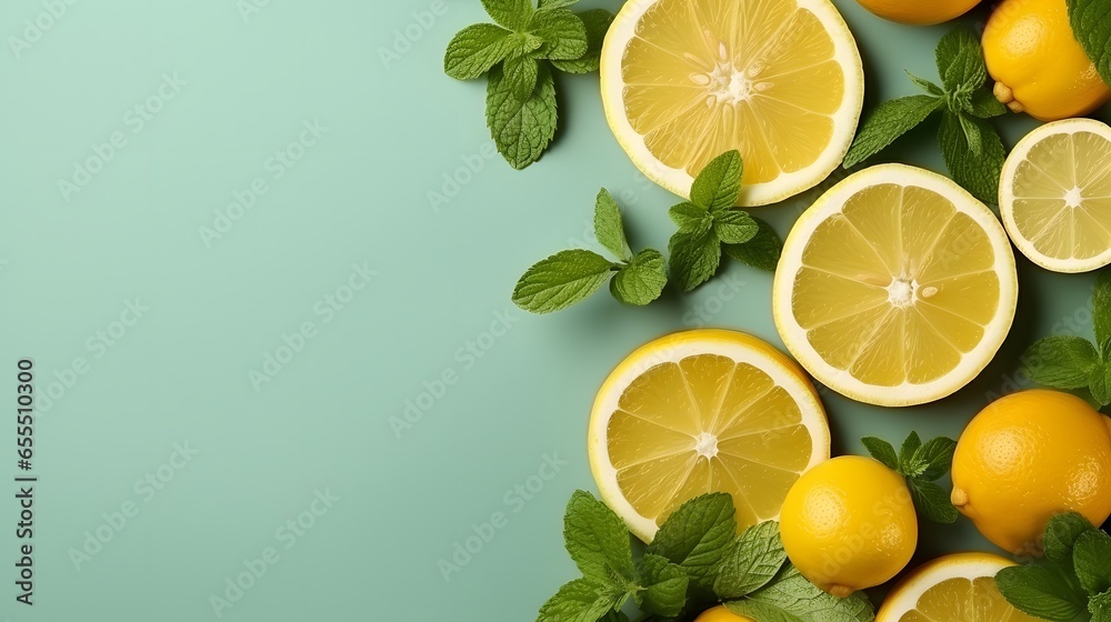 Citrus slices and mint herbs frame on retro mint pastel background with copy space from above. Top view of lemon and orange refreshment. Summer fruit smoothie minimal banner design. - obrazy, fototapety, plakaty 