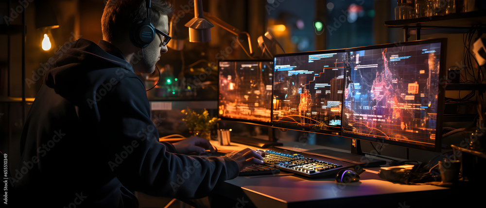 Young Man Working on 3 Screen Desktop Computer at Night, Modern Workplace Young Man Working on 3 Screen Desktop Computer at Night, Modern Workplace