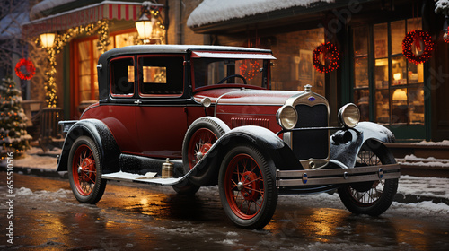 Classic Vintage Car Parked Outside The Festively Christmas Decorated Shops. Generative AI. © Andy Dean