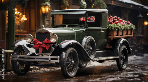Classic Vintage Car Parked Outside The Festively Christmas Decorated Shops. Generative AI. © Andy Dean