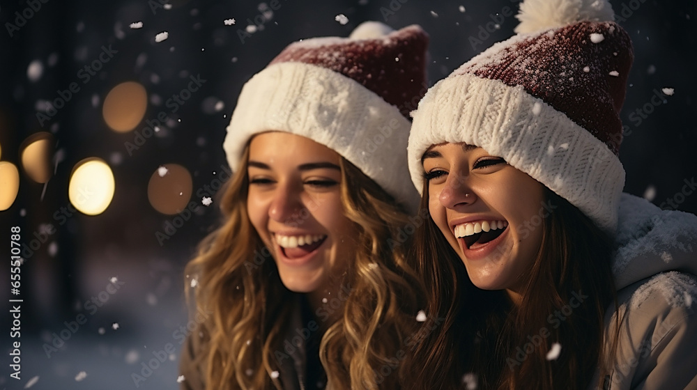 Festive Young Girls Wearing Santa Hats Laughing Together In the Snowy Evening. Generative AI.