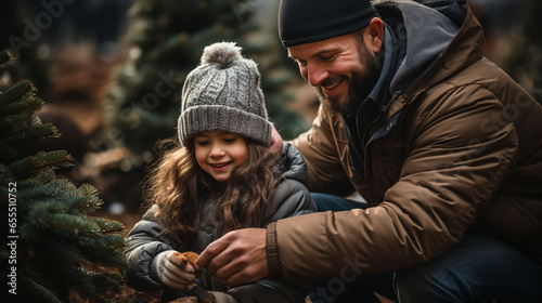 Young Father And Daughter Choosing A Christmas Tree at the Tree Farm. Generative AI. photo
