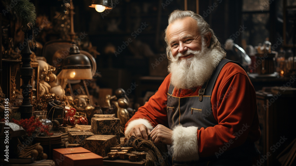 Santa Claus Working in his Workshop. Generative AI.