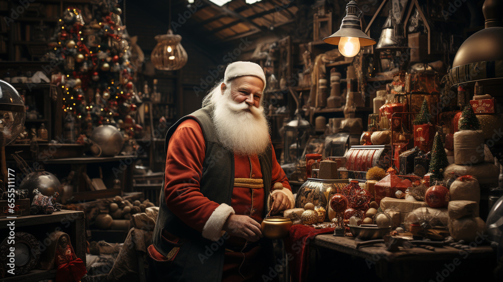 Santa Claus Working in his Workshop. Generative AI.