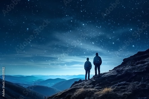 Two hikers in silhouette standing on a hill looking at the bright starry evening sky. Lovely evening night sky landscape image. Generative AI.  