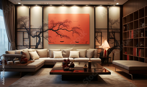 Modern living room featuring asian style interior design with stylish sofa, wall, table, artwork and beautiful decor © Taha