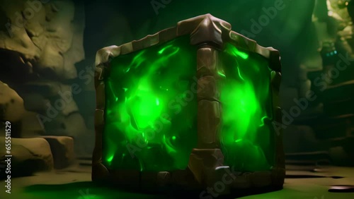 Green Gelatinous Cube Monster in a Spooky Dungeon. Creepy Trapped Glowing Cube RPG Creature in Underground Room. Role Playing / Video Game Style Animated Clip.  photo