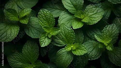 Green mint leaves pattern layout design. Ecology natural creative concept. Top view nature background with spearmint herbs.