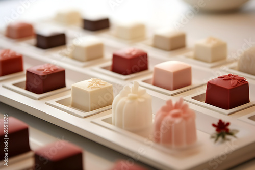 A close-up shot of an artfully curated selection of desserts beautifully arranged in elegant vessels with a limited color palette, exuding a sense of refined minimalism perfect for a shop display.