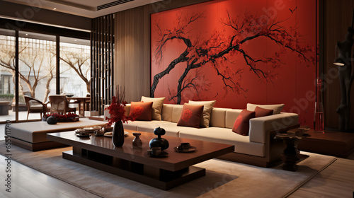 Living room featuring modern asian style interior design with relaxing sofa, wall, table, and classic decoration © Taha